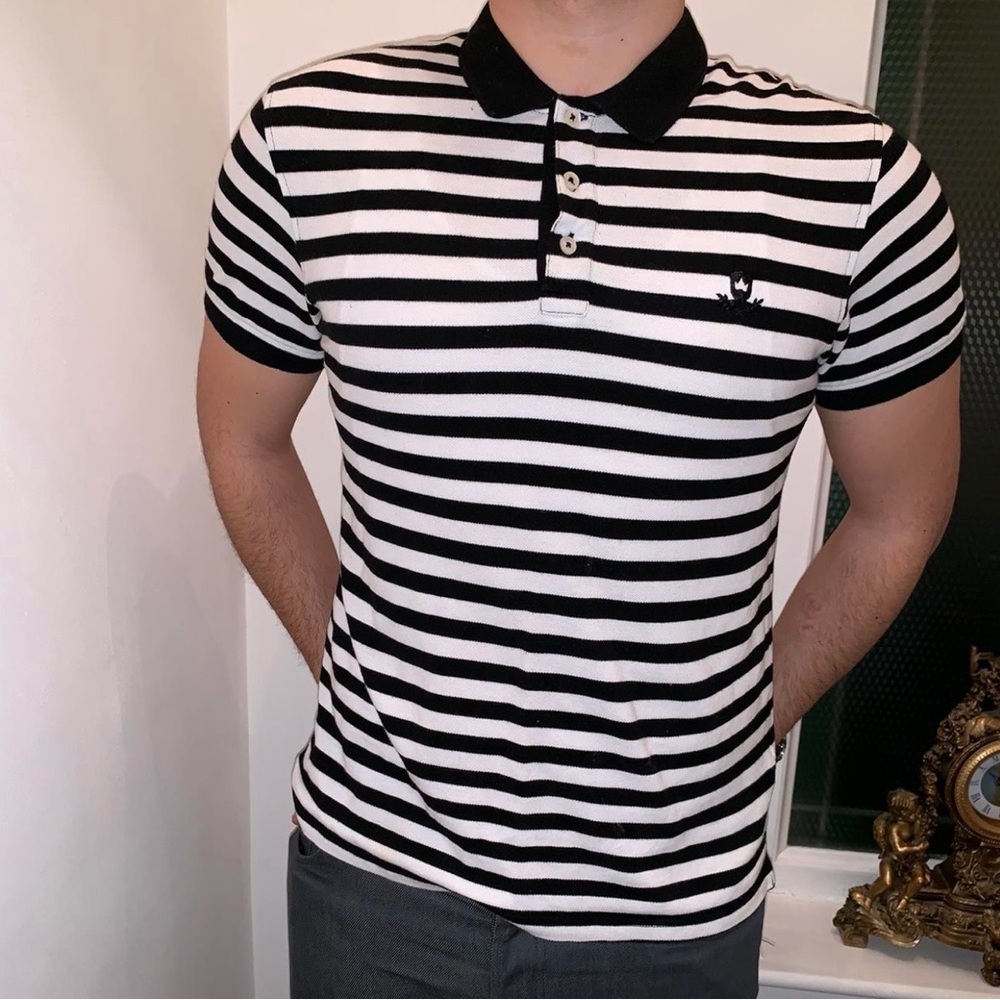 Striped Black & White Polo Shirt with Contrast Collar